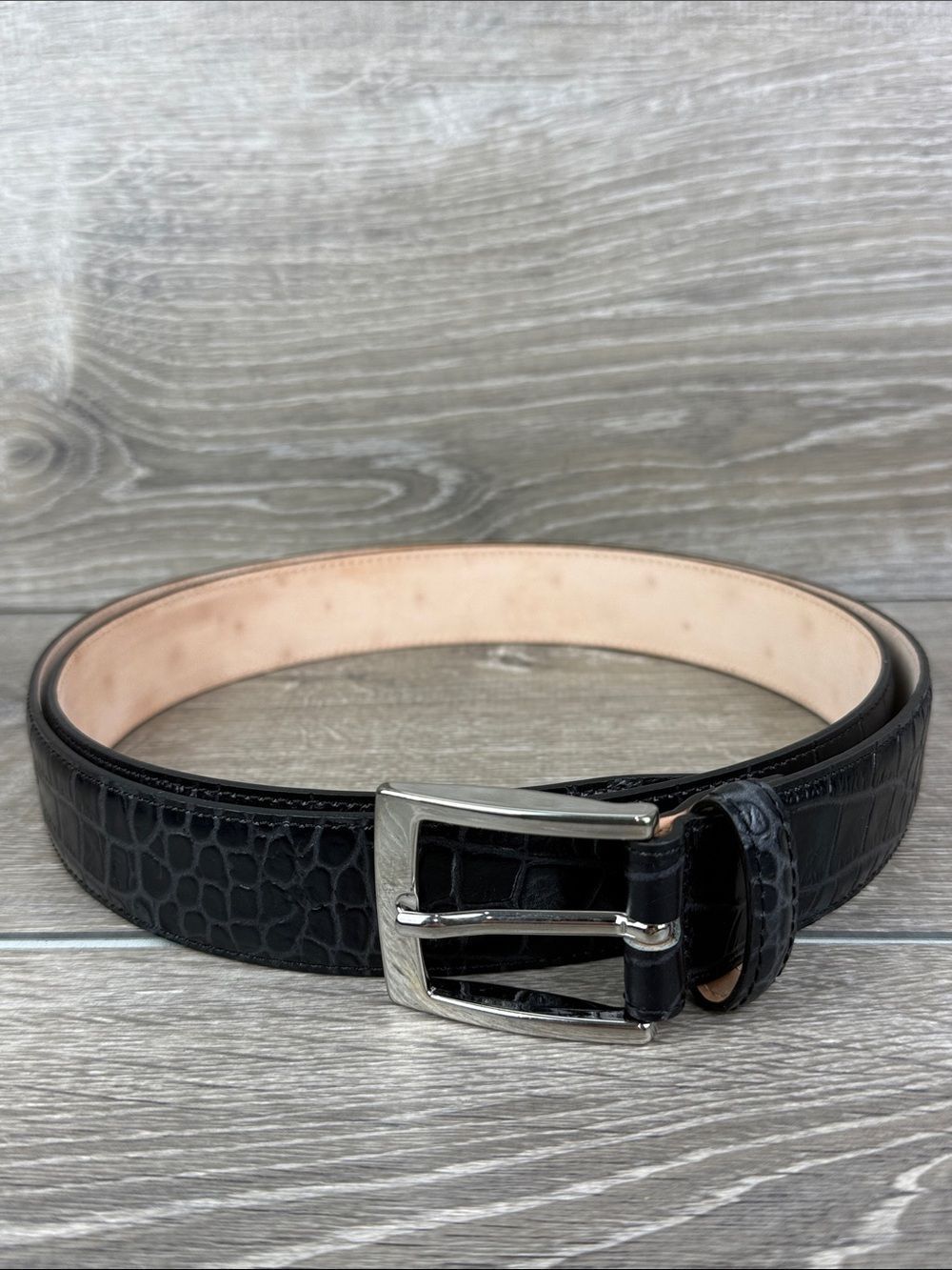 Paul Fredrick Croc Embossed Black Italian Leather Men Sz 48 BFL101 Belt NEW
